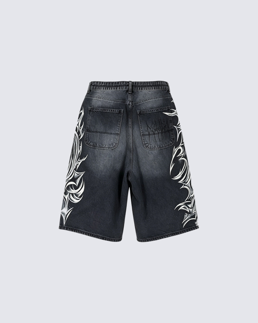 American Vintage Washed Tribal Print Denim Shorts