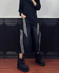 Side Stripe Panel Seven-Length Denim Pants