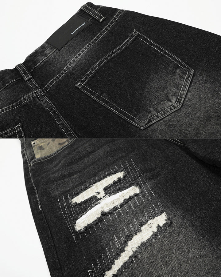 New Washed Black Camo Patchwork Shorts