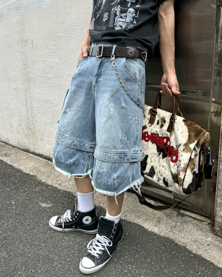 Vintage Washed Cargo Five-Length Denim Shorts