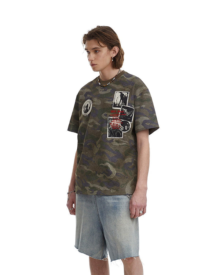 Distressed Patch Embroidered Short Sleeve T-Shirt