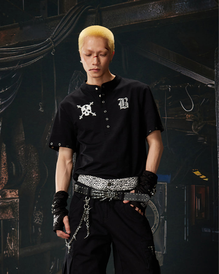 Dark Gothic Skull Print Henley Short Tee New