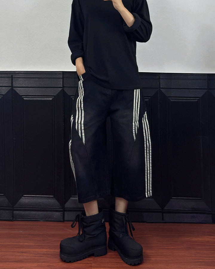 Side Stripe Panel Seven-Length Denim Pants