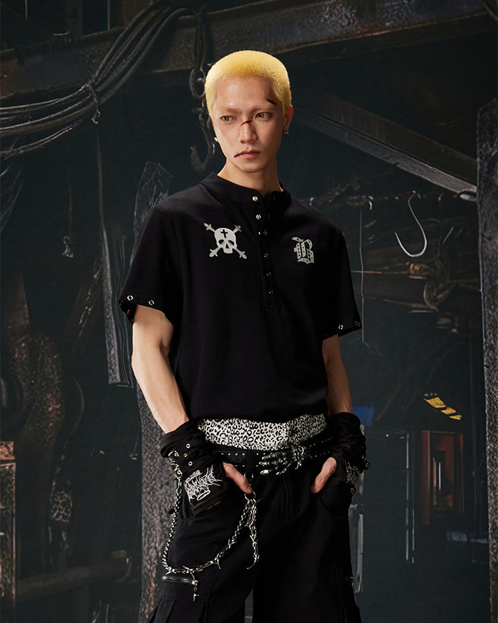 Dark Gothic Skull Print Henley Short Tee New