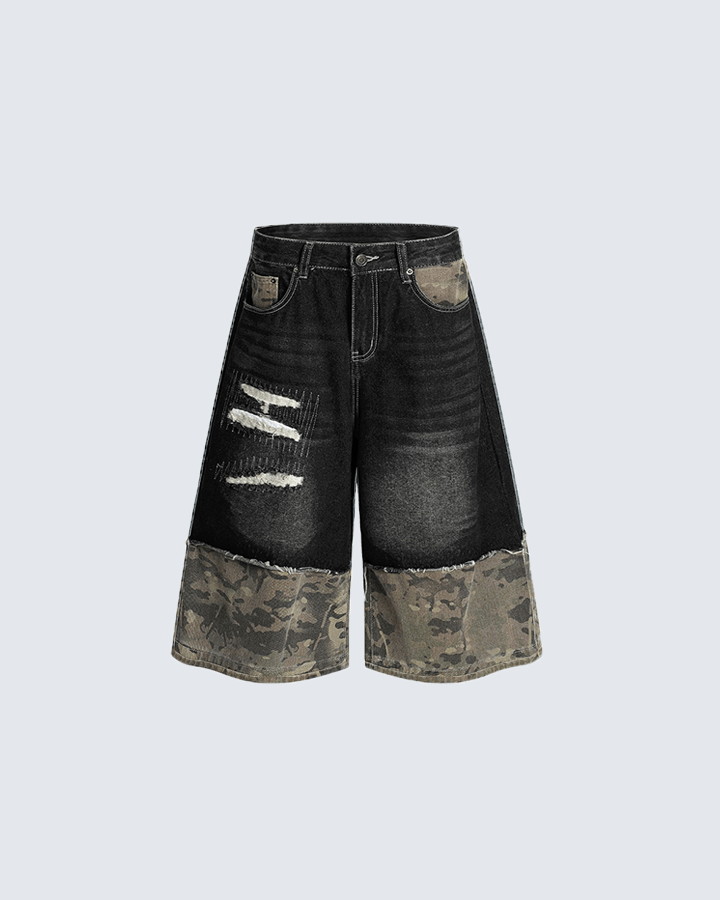 Patchwork Ripped Denim Shorts with Camo Hem