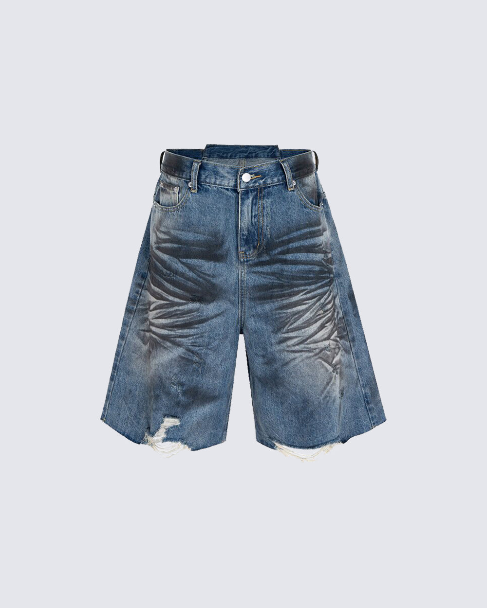 Distressed Crinkled Irregular Knee-Length Denim Shorts
