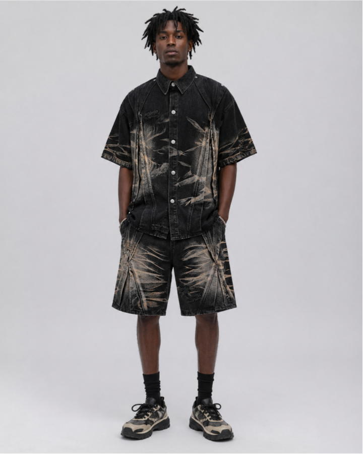 Vintage Washed Shadow Print Short Sleeve Shirt