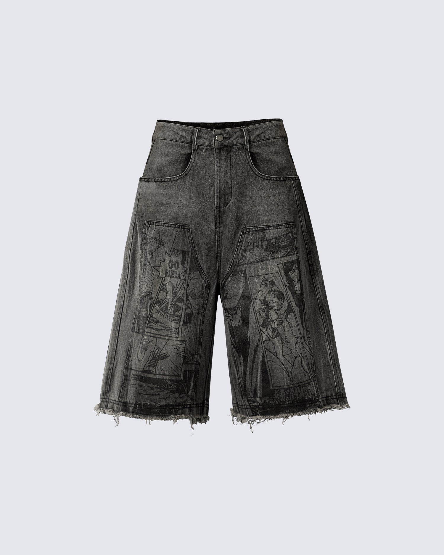 Vintage Graphic Washed Five-Length Denim Shorts