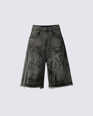 Vintage Graphic Washed Five-Length Denim Shorts
