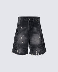 Vintage Washed Cargo Five-Length Denim Shorts