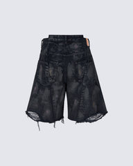 Distressed Crinkled Irregular Knee-Length Denim Shorts