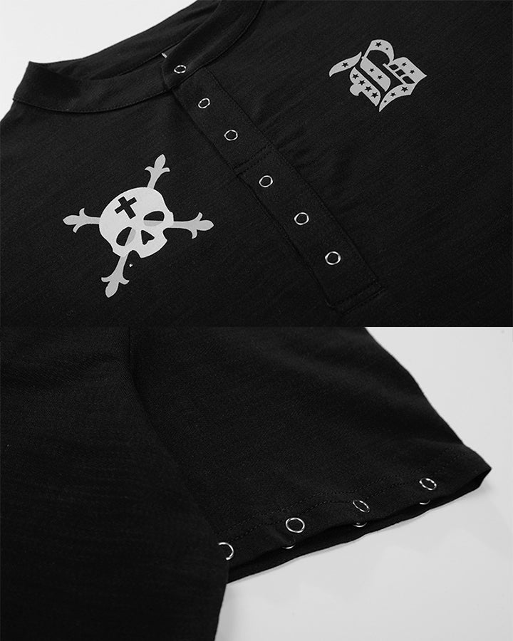 Dark Gothic Skull Print Henley Short Tee New