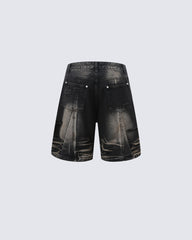 Vintage Washed Panel Stitch Denim Shorts
