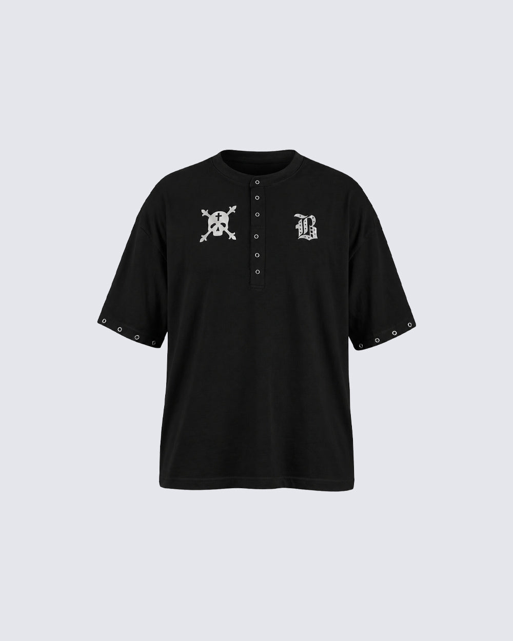 Dark Gothic Skull Print Henley Short Tee New