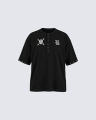Dark Gothic Skull Print Henley Short Tee New