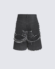 High-Street Knife-Cut Distressed Denim Shorts