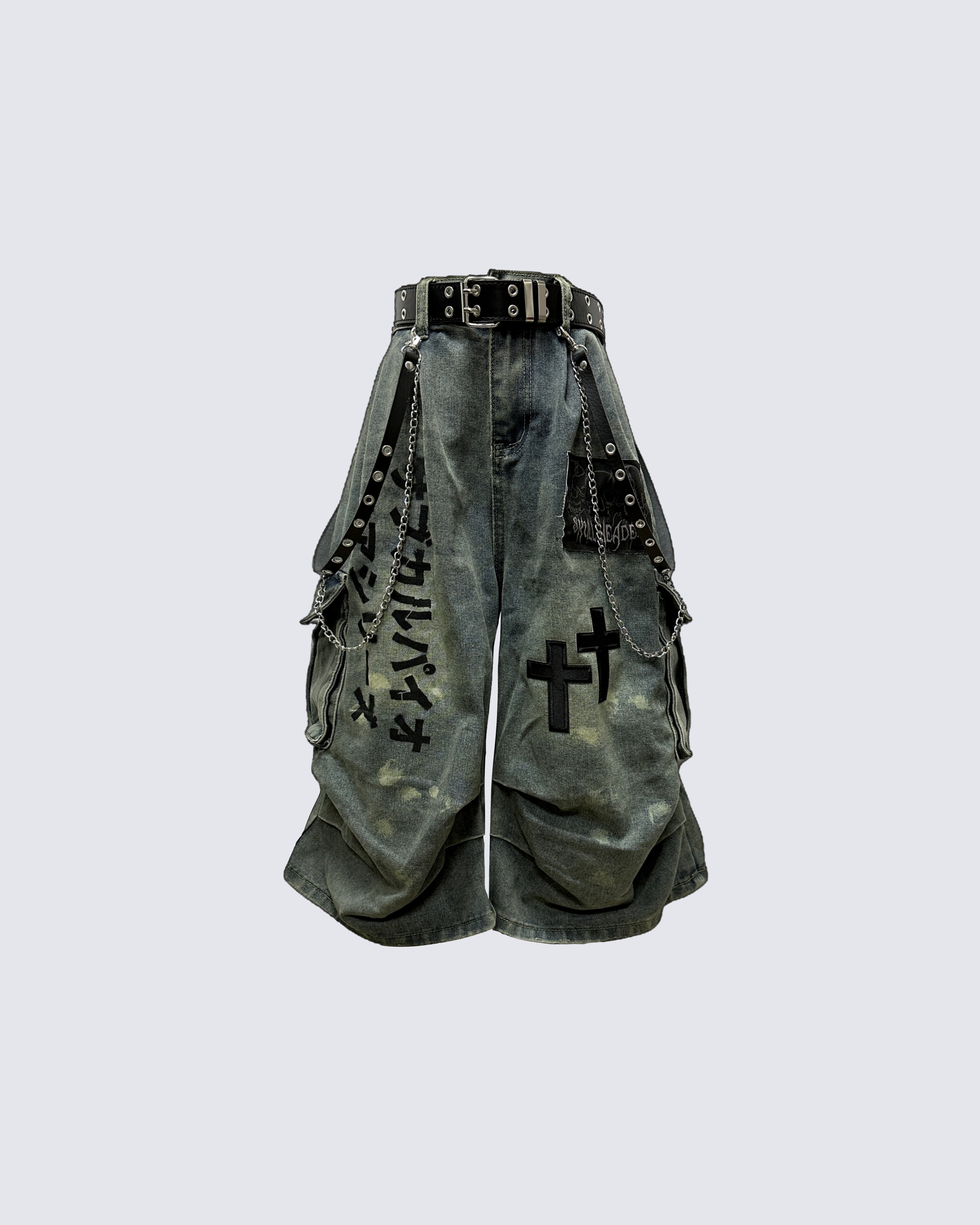 Gothic Washed Denim Shorts with Chains