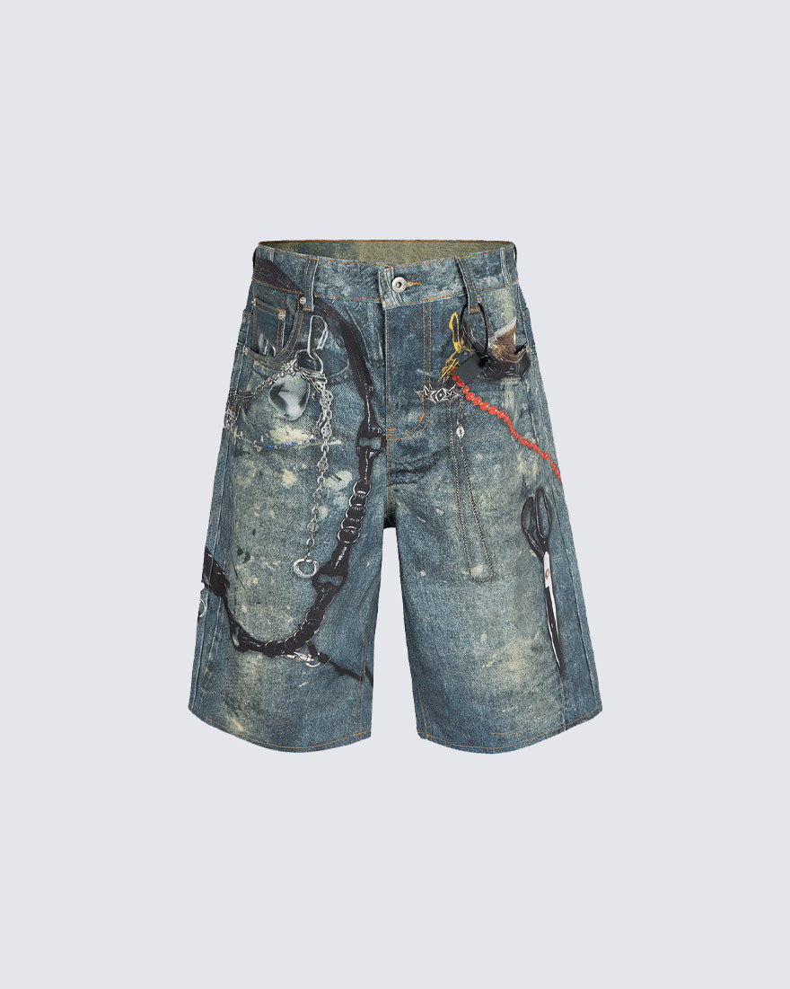 American Street Graffiti Print Washed Denim Shorts