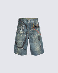 American Street Graffiti Print Washed Denim Shorts