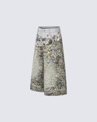 Leopard Print Chain Seven-Length Denim Pants