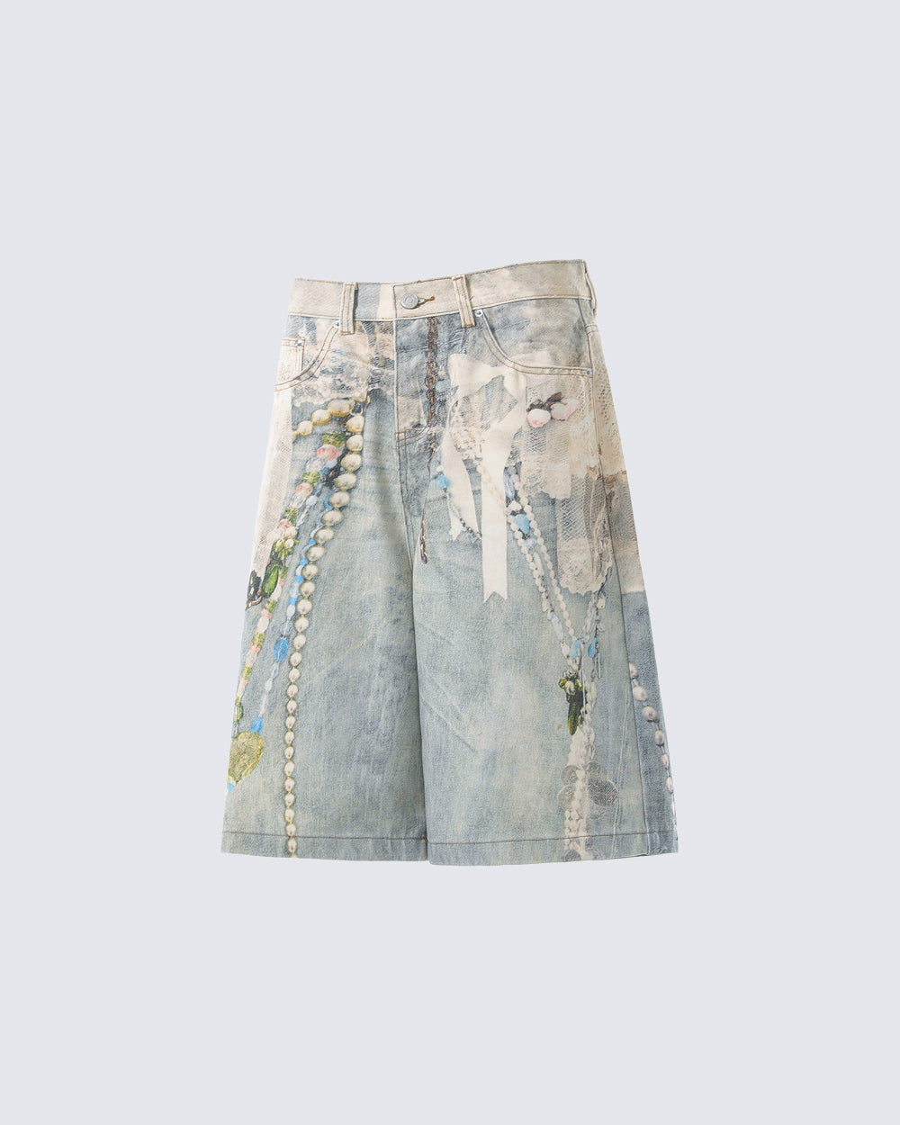New 3D Chain Print Five-Length Denim Shorts