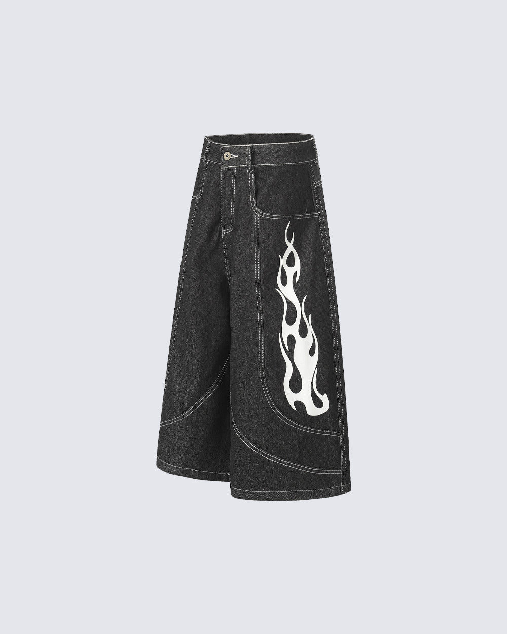 Flame Panel Seven-Length Denim Shorts