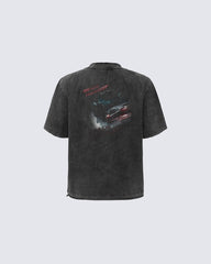 Dark Washed Futuristic Graphic Short Sleeve T-Shirt