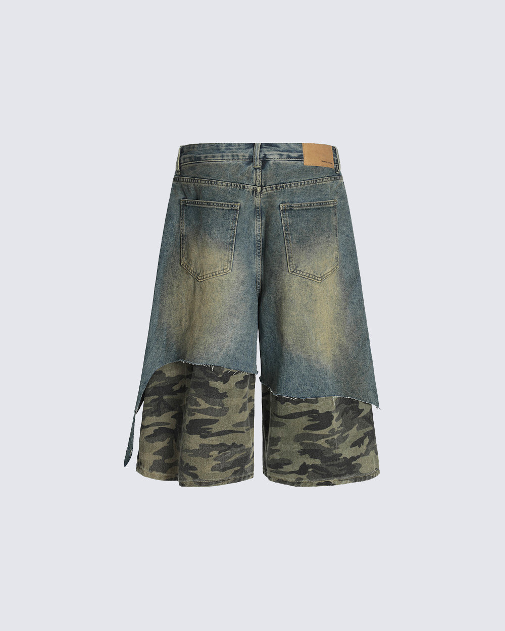 Layered Camo Patchwork Distressed Denim Shorts