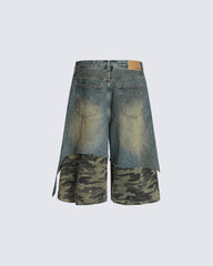 Layered Camo Patchwork Distressed Denim Shorts