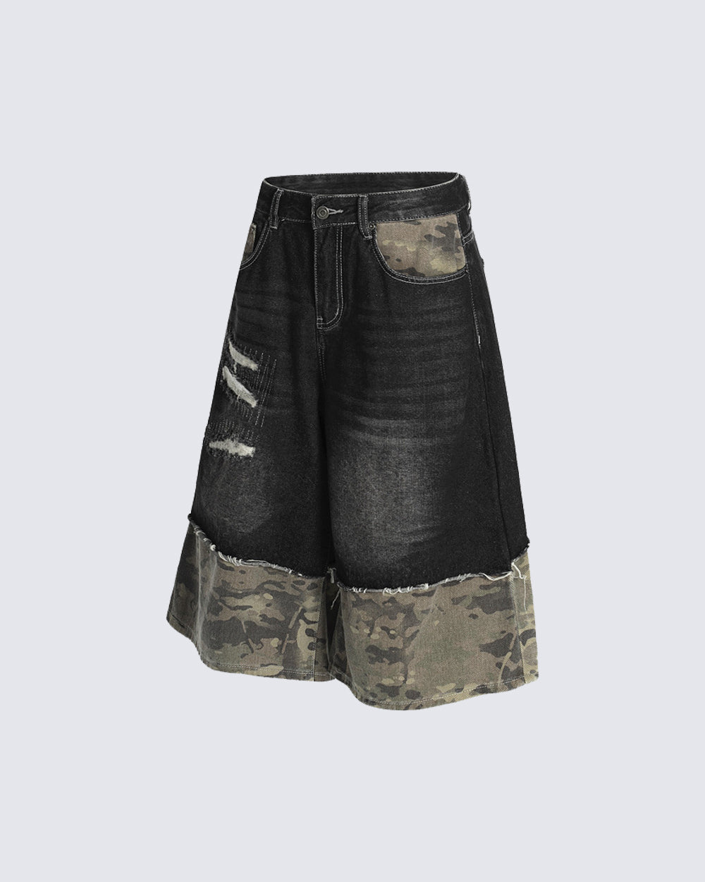 New Washed Black Camo Patchwork Shorts