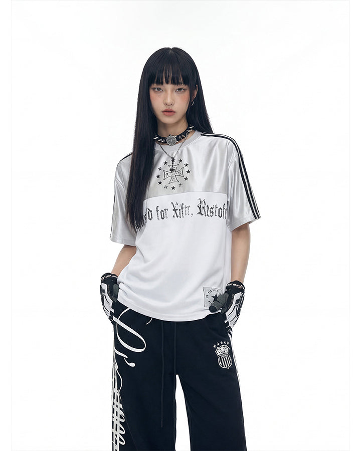 Black Gothic Letter Stripe Sport T-Shirt