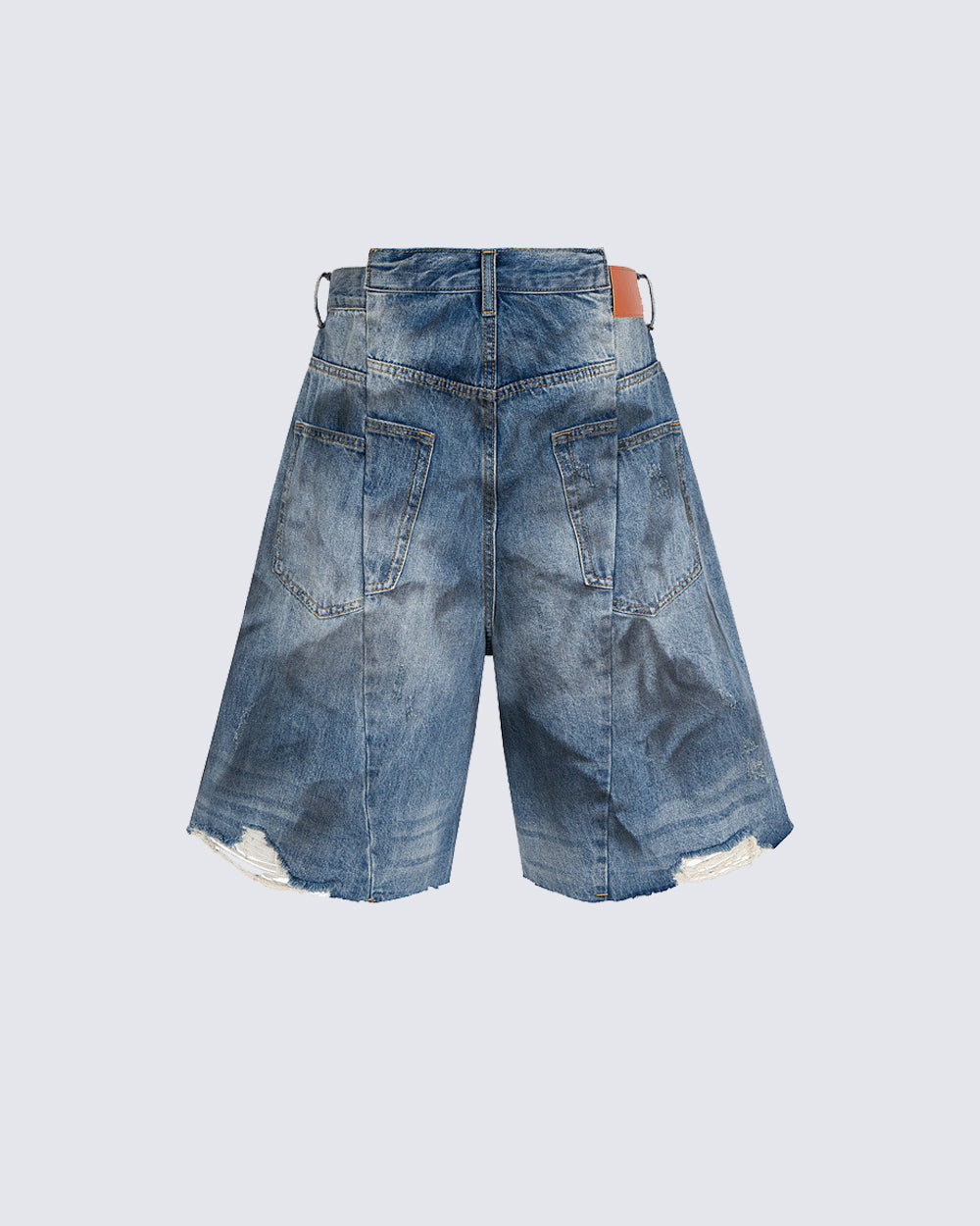 Distressed Crinkled Irregular Knee-Length Denim Shorts