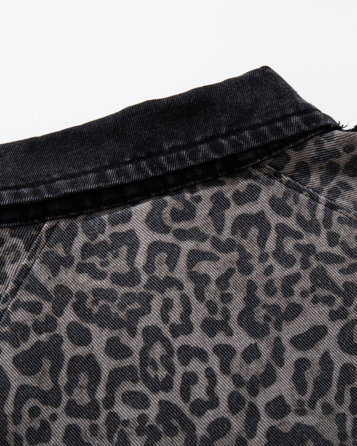 American Retro Leopard Print Patchwork Frayed Short-Sleeved Shirt