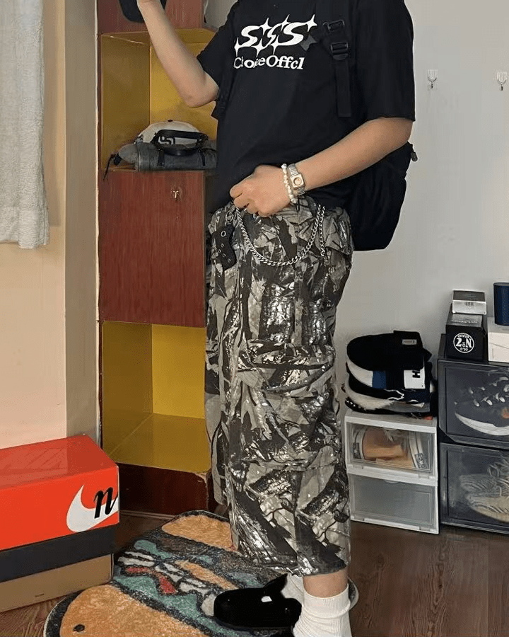 Camo Print Wide-Leg Cargo Shorts