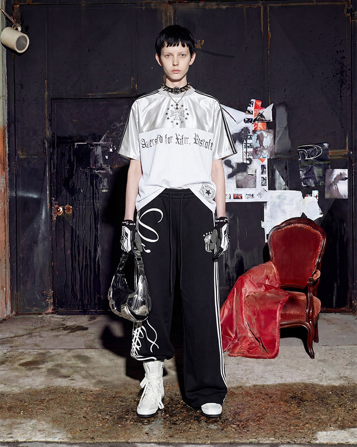 Black Gothic Letter Stripe Sport T-Shirt