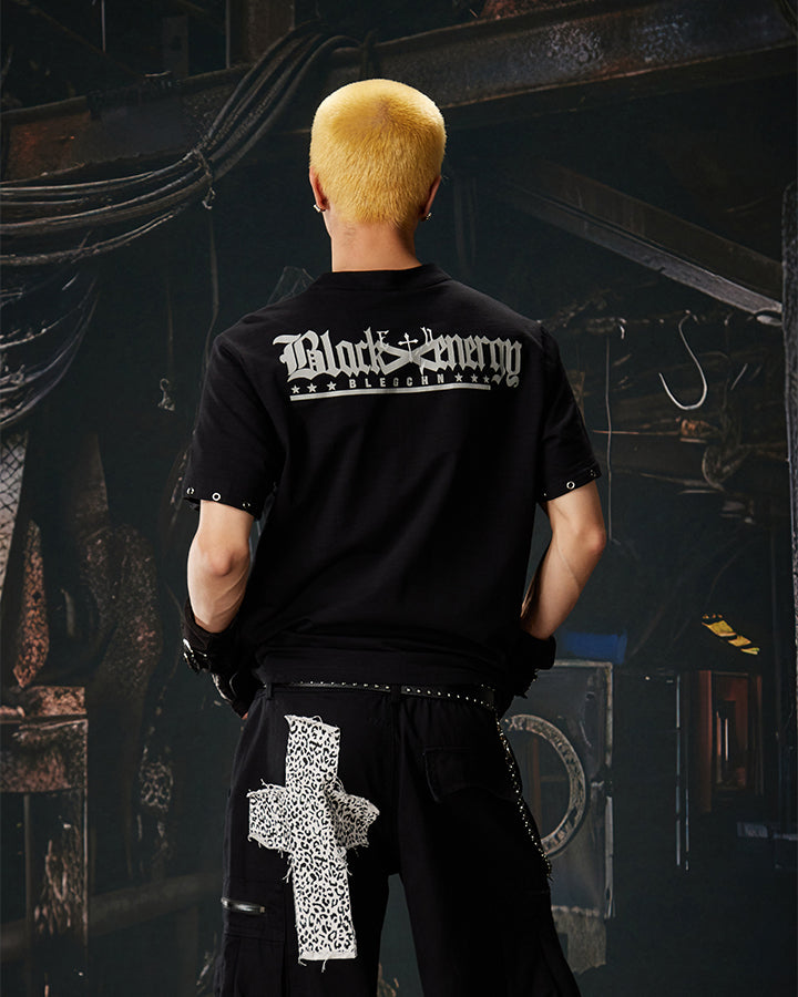Dark Gothic Skull Print Henley Short Tee New