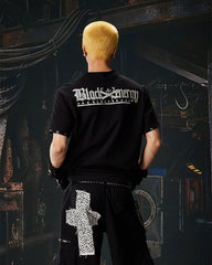 Dark Gothic Skull Print Henley Short Tee New