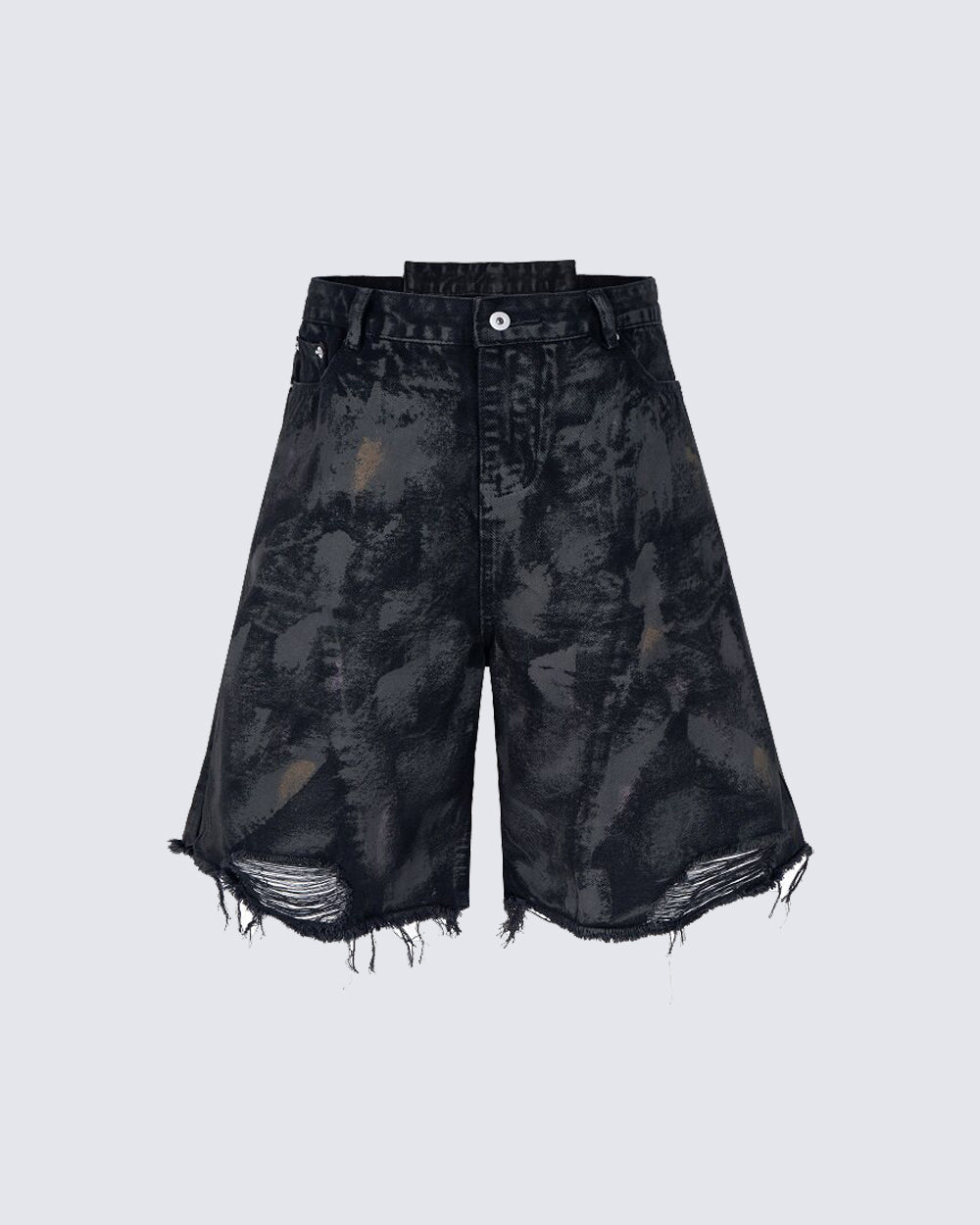 Distressed Crinkled Irregular Knee-Length Denim Shorts