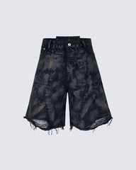 Distressed Crinkled Irregular Knee-Length Denim Shorts