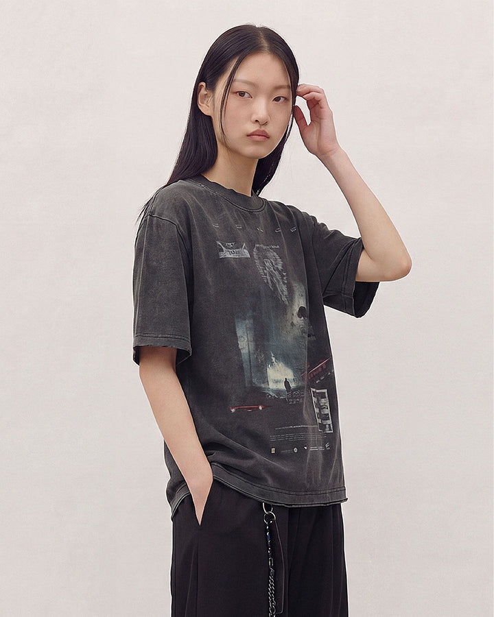 Dark Washed Futuristic Graphic Short Sleeve T-Shirt