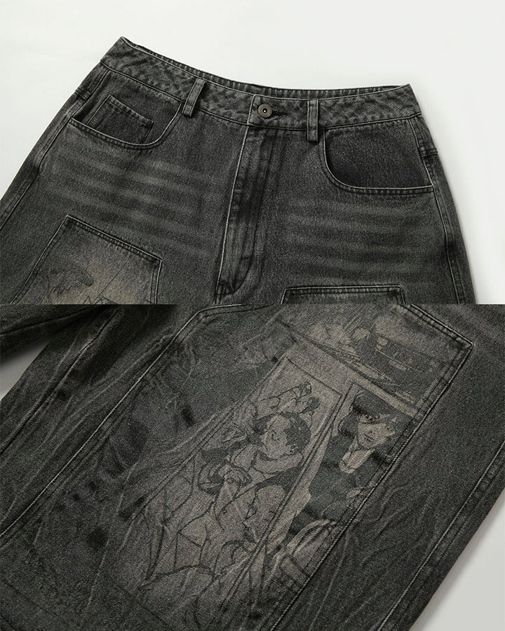 Vintage Graphic Washed Five-Length Denim Shorts