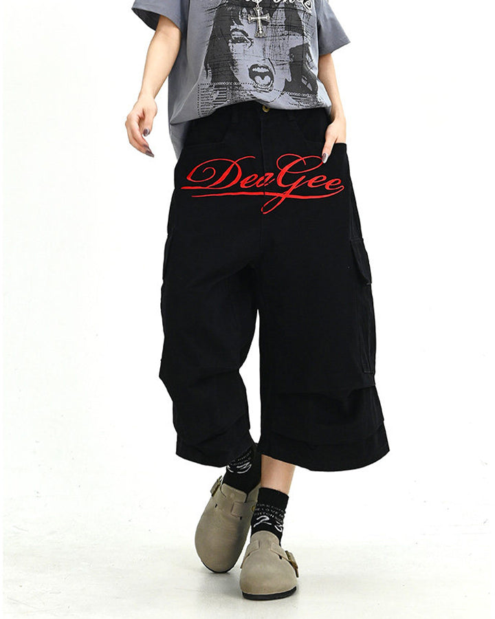 Script Embroidered Utility Cargo Bermuda Shorts