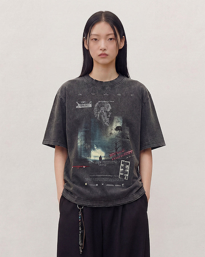 Dark Washed Futuristic Graphic Short Sleeve T-Shirt