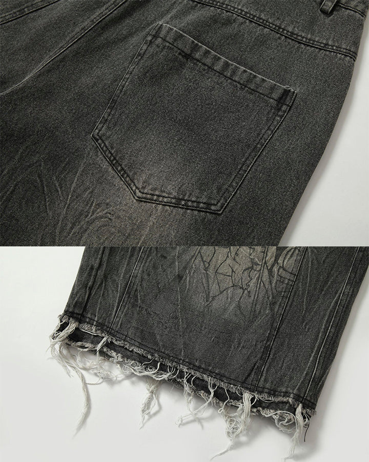 Vintage Graphic Washed Five-Length Denim Shorts