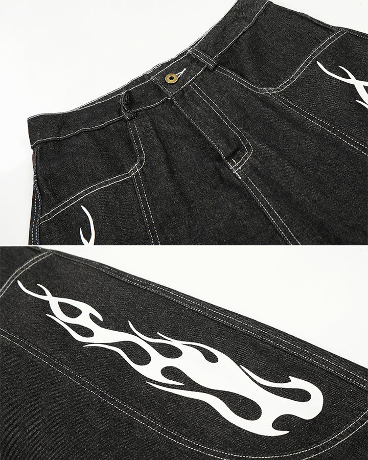 Flame Panel Seven-Length Denim Shorts
