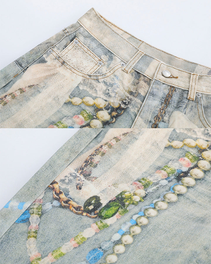 New 3D Chain Print Five-Length Denim Shorts