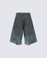 Vintage Washed Patchwork Distressed Dirty Denim Shorts