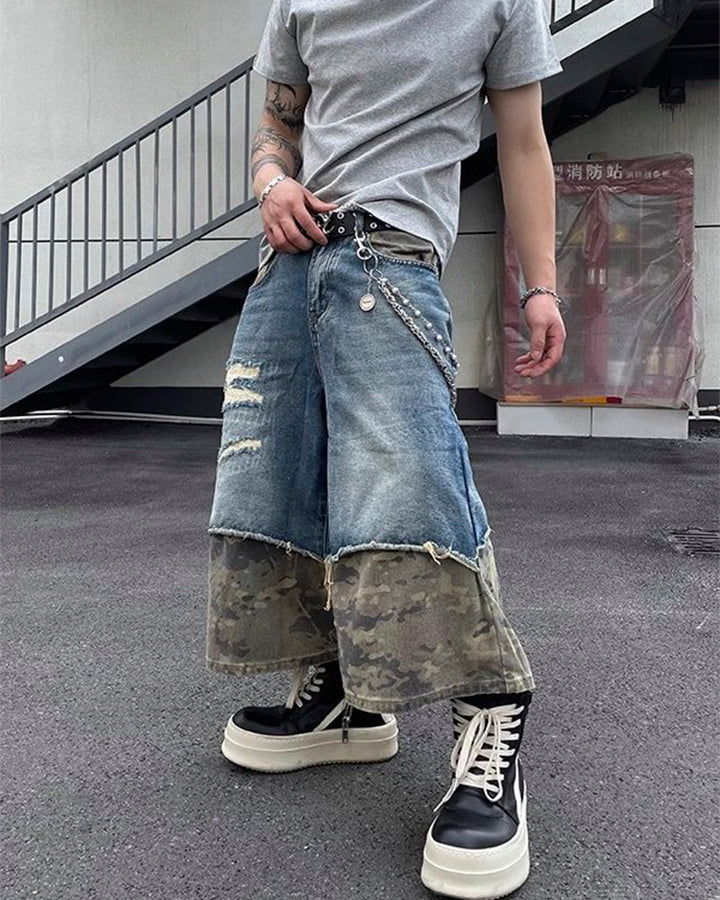 New Washed Black Camo Patchwork Shorts