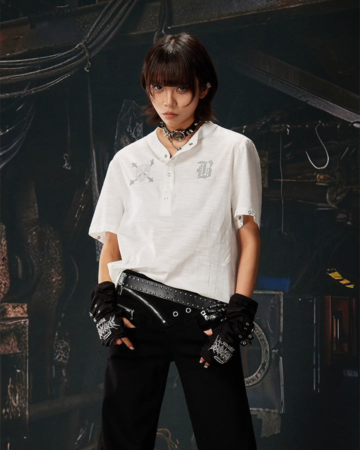 Dark Gothic Skull Print Henley Short Tee New