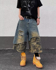 Layered Camo Patchwork Distressed Denim Shorts